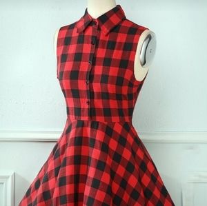 Red Black Plaid Handkerchief Hem Dress Midi Large Sleeveless Collar Pockets